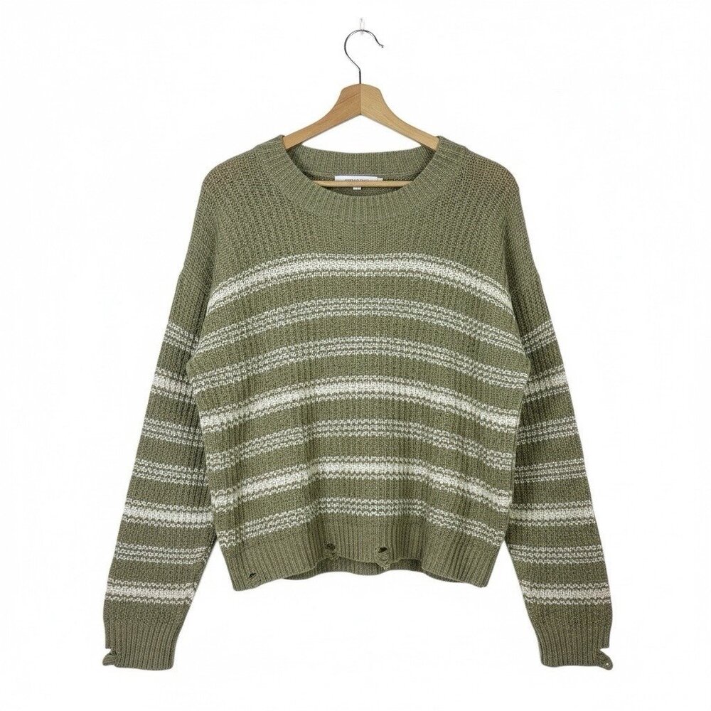 Stitches & Stripes Pullover Sweater Sz Large Distressed Striped Sage Green Knit
